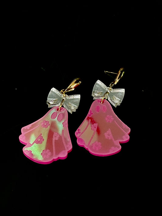 HALLOWEEN PINK GIRLY GHOST BOW EARRINGS